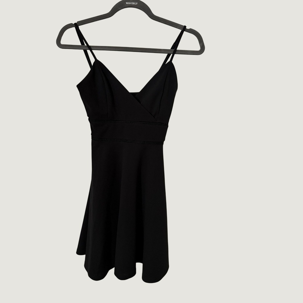 Jun & Ivy Black Surplice Mini Dress Crochet Trim Fit Flare Spaghetti Strap XS